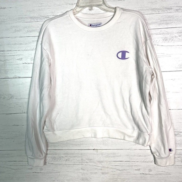 Champion Tops - Champion White Cropped Crewneck Sweatshirt Purple C Logo Women’s Large